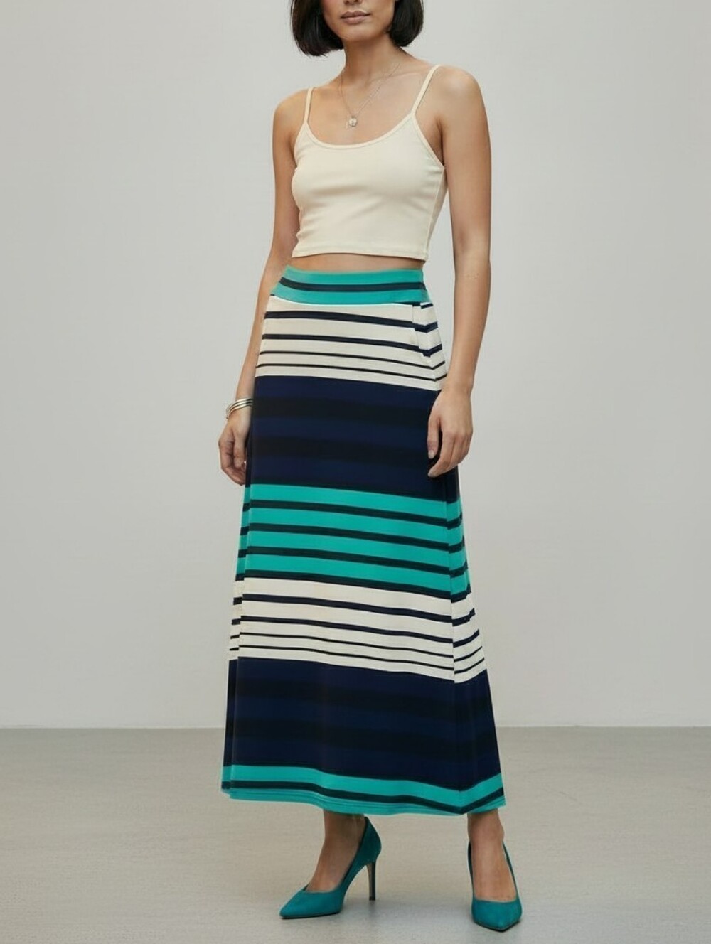 NEW Mossimo Maxi Skirt Black White Turquoise Green Coastal Nautical, Size M